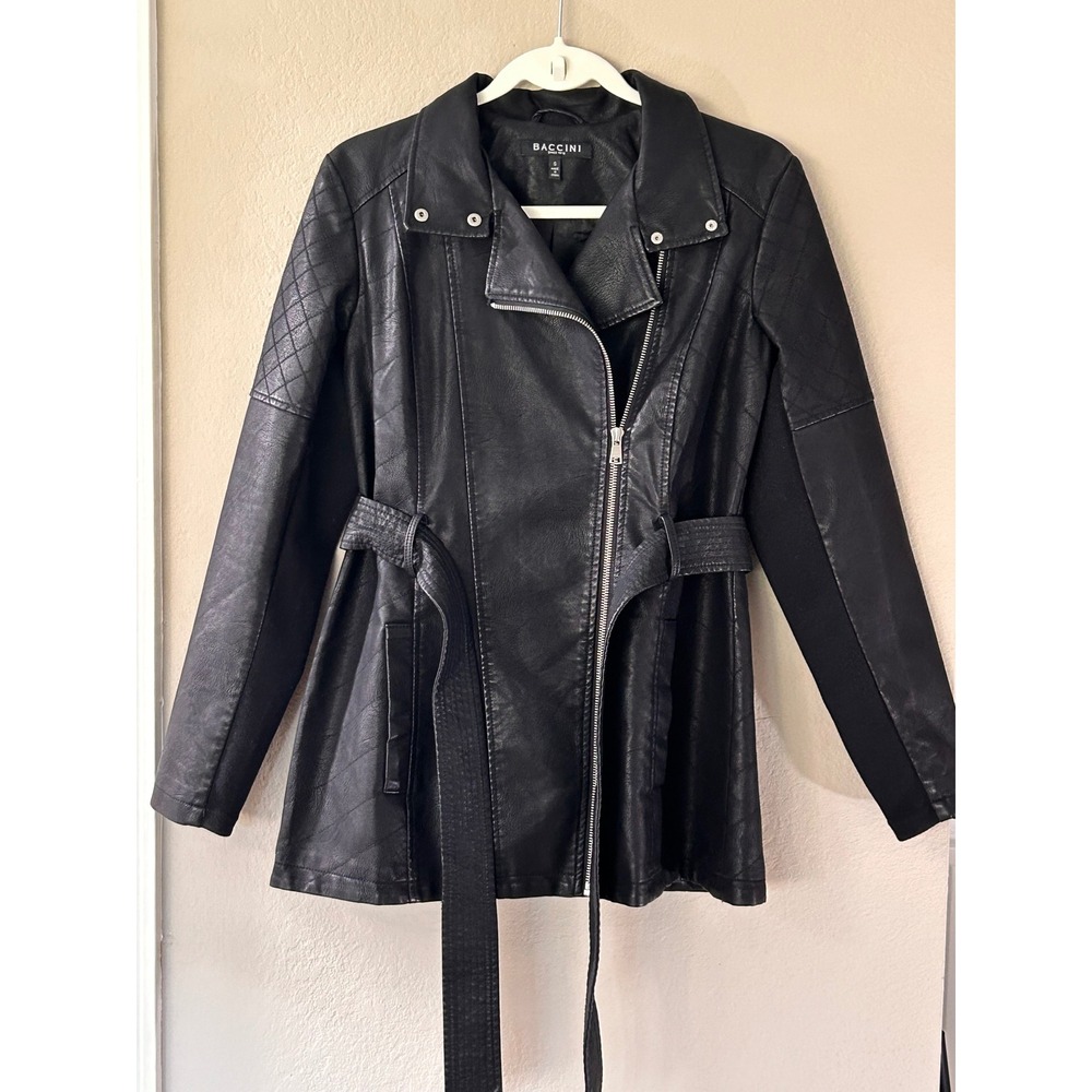 Baccini Black Faux Leather Moto Jacket Quilted Belted Longline Vegan Small